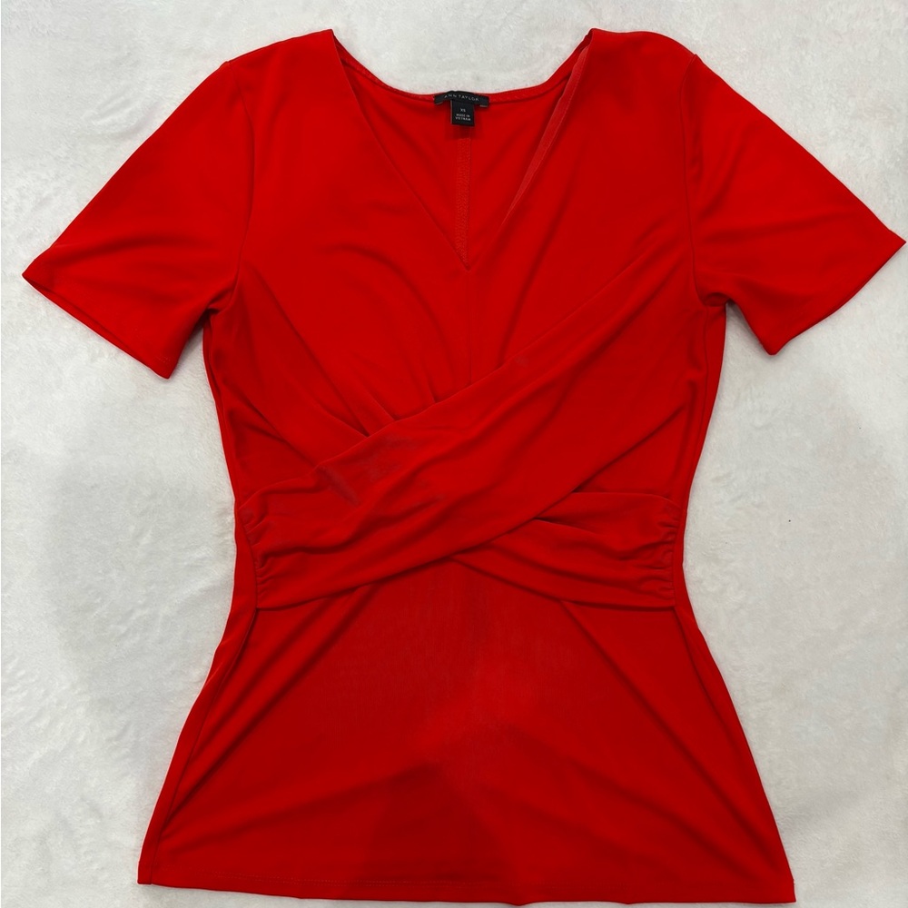 Ann Taylor Red Orange Wrap Fitted Blouse